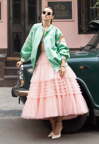 Pink tulle skirt and blue bralette with bomber