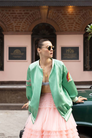 Pink tulle skirt and blue bralette with bomber