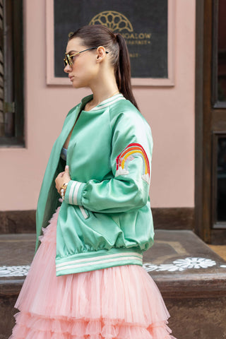 Pink tulle skirt and blue bralette with bomber