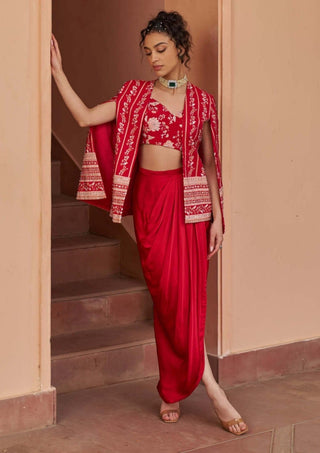 Chhavvi Aggarwal-Red Printed Cape And Draped Skirt-INDIASPOPUP.COM