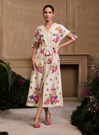 Ivory applique and threadwork floral shirt dress