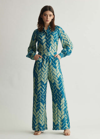 Aqua Blue Chevron Print Shirt And Pants by Koai available on Indiaspopup