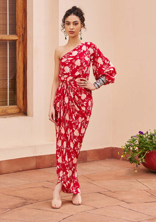 Chhavvi Aggarwal-Red One-Shoulder Draped Dress-INDIASPOPUP.COM