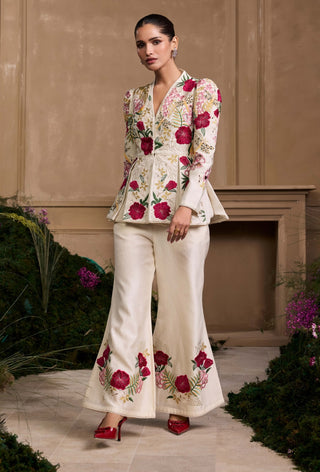 Ivory Floral Foliage Pleated Peplum Jacket And Pants by Chandrima available on Indiaspopup