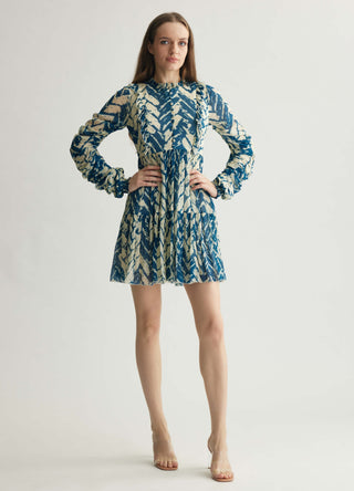 Beige & Blue Chevron Print Short Dress by Koai available on Indiaspopup