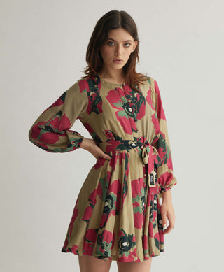 Beige, pink and green floral shirt dress