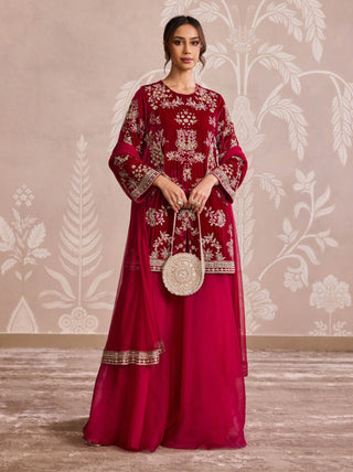 Fuchsia velvet kurta and sharara set