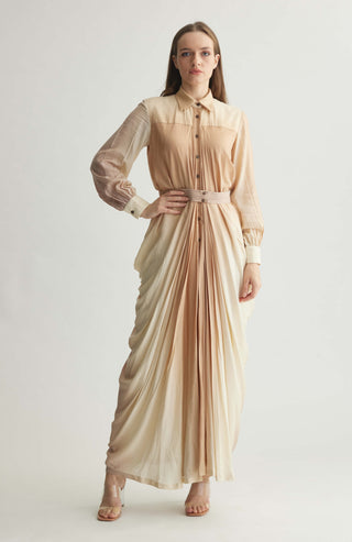 Off-White & Beige Ombre Print Drape Shirt Dress by Koai available on Indiaspopup