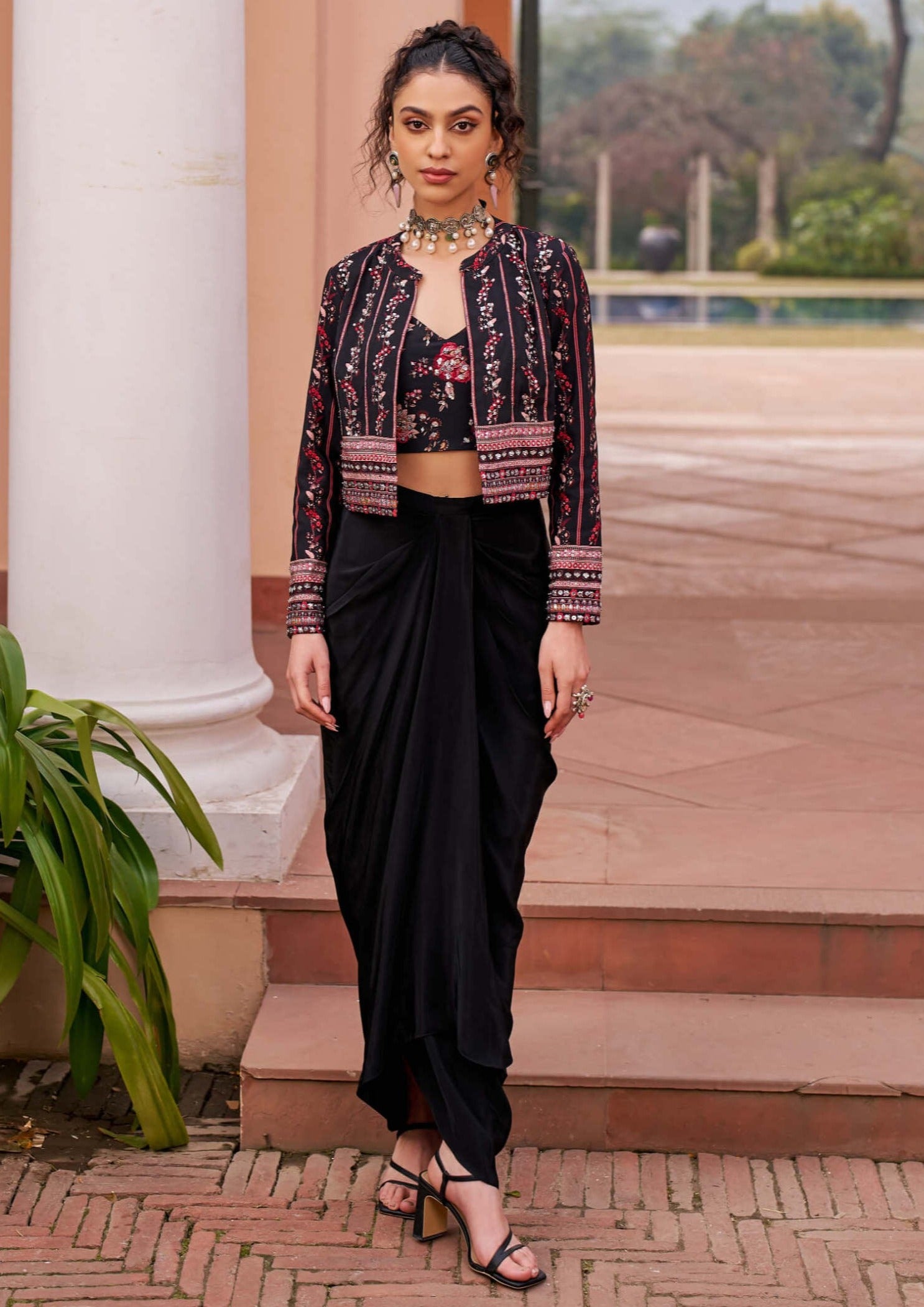 Crop Top Drape Skirt With Jacket Printed Crop Top And Draped Skirt