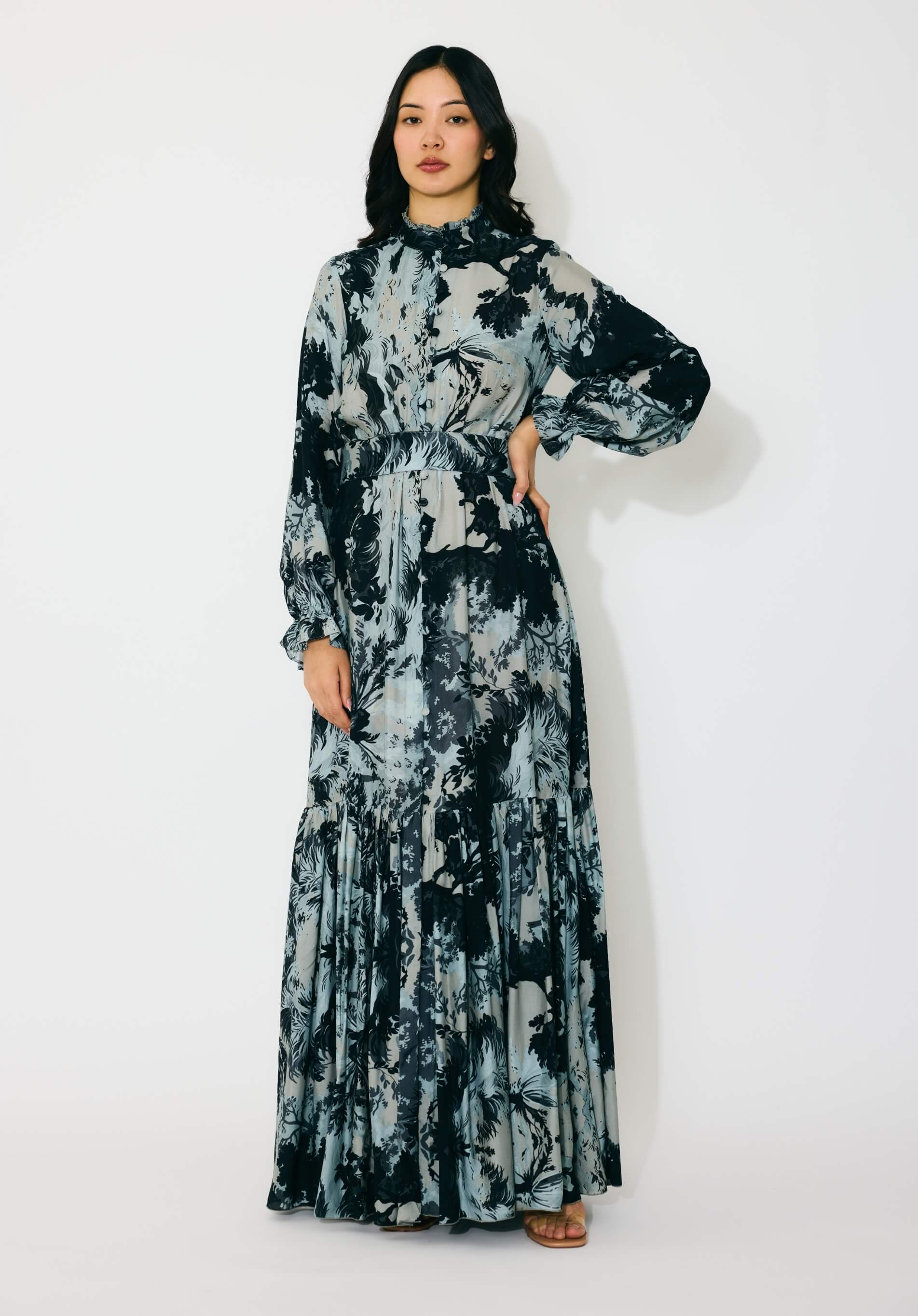 Gray, Black and beige toile print long shirt dress XS Gray, Black and beige toile print long shirt dress XS