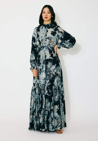 Gray, black and beige toile print long shirt dress
