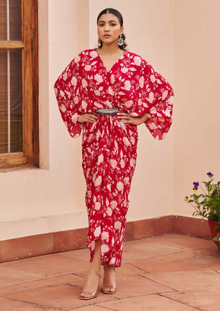 Chhavvi Aggarwal-Red Printed Kaftan Dress-INDIASPOPUP.COM
