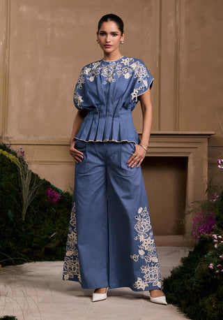 Blue contrast cutwork pleated top and flared pants