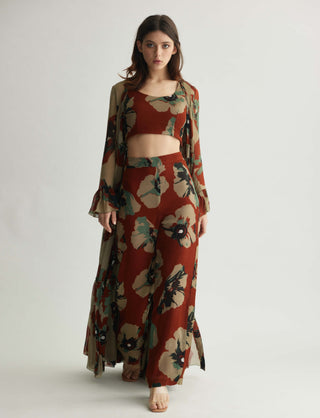 Brown and beige floral pant and cape set