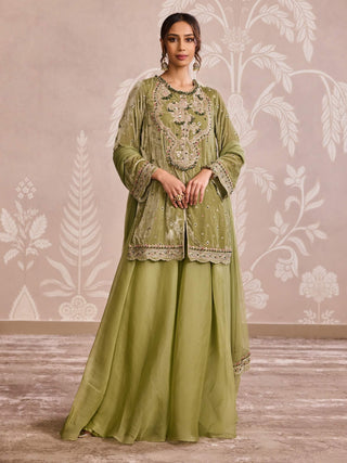 Olive green velvet kurta and sharara set