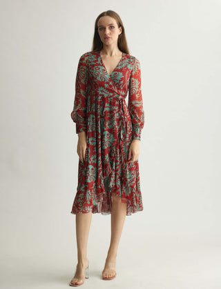 Mint and red floral wrap dress