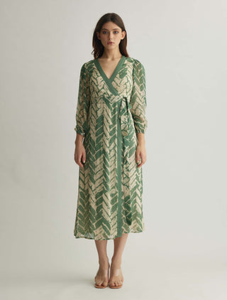 Beige and mint chevron print wrap dress