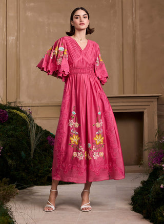 Fuchsia Floral Embroidered Ruched Dress by Chandrima available on Indiaspopup