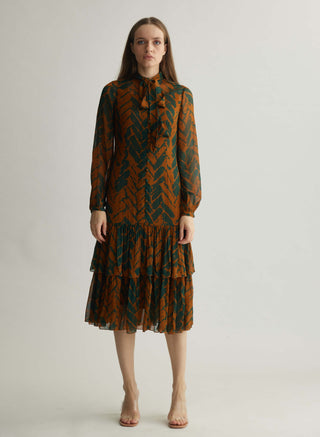 Rust And Green Chevron Print Midi Dress by Koai available on Indiaspopup