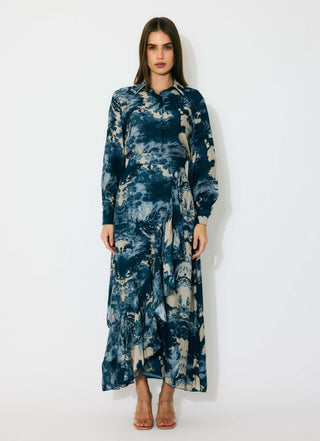 Blue, indigo and beige toile print shirt and skirt