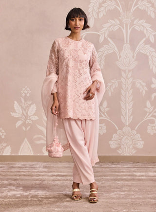 Powder pink embroidered organza kurta set