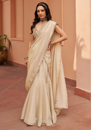 Chhavvi Aggarwal-Ivory Tissue Lehenga Sari Set-INDIASPOPUP.COM