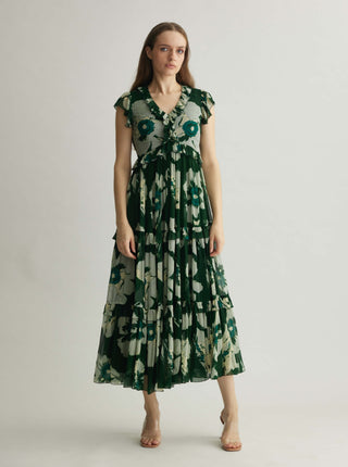 Green and beige floral midi dress