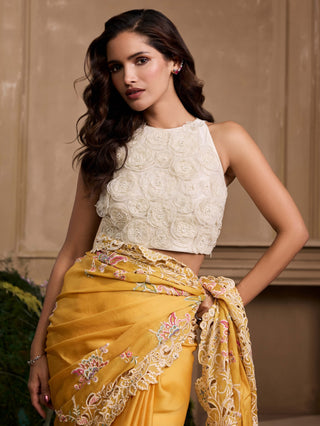 Ivory 3D Rose Applique Top And Yellow Sari by Chandrima available on Indiaspopup