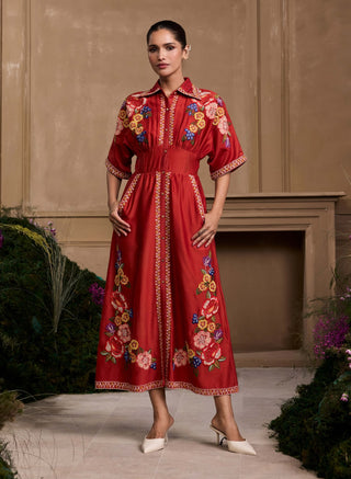 Red embroidered corseted shirt dress