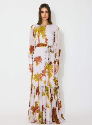 Beige, mustard and hot pink floral shirt dress