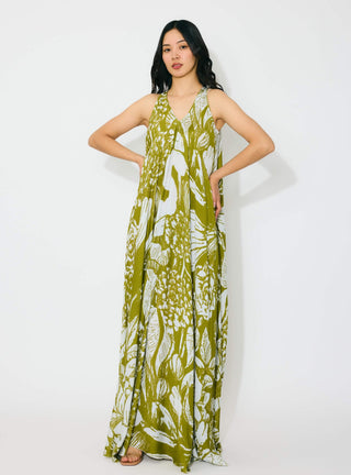 Leaf green and white floral sleeveless long dress