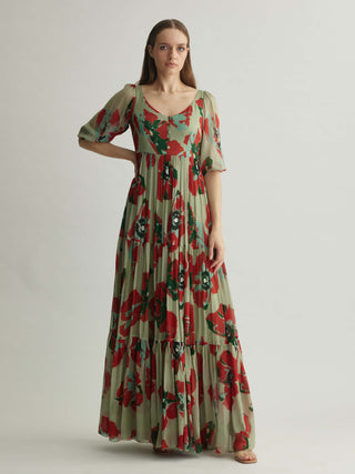 Beige, Red And Green Floral Dress by Koai available on Indiaspopup