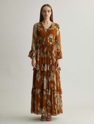 Rust And Beige Floral Long Dress by Koai available on Indiaspopup