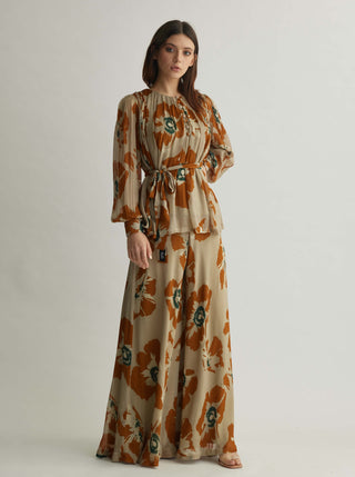 Beige and rust floral pleated top and pants