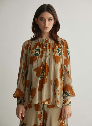 Beige and rust floral pleated top and pants