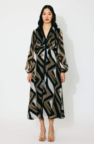 Gold, black and white pattern midi dress