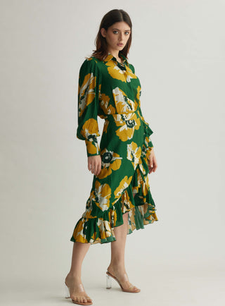 Green And Mustard Floral Shirt And Skirt by Koai available on Indiaspopup