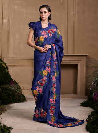 Cobalt blue floral ruffled top and sari