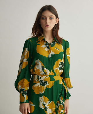 Green and mustard floral shirt and skirt