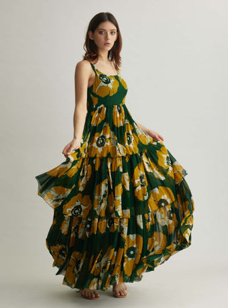 Green and mustard floral sleeveless long dress