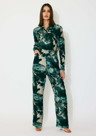 Dark green, mint and beige toil print shirt and pants