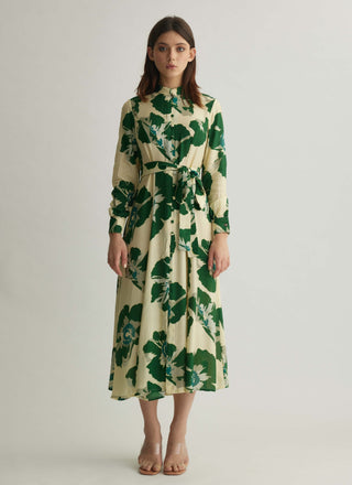 Beige and green floral long shirt dress