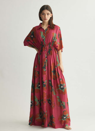 Red pink and mint floral long shirt dress