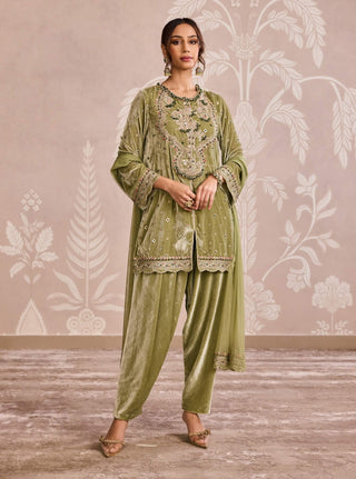 Olive green velvet kurta set