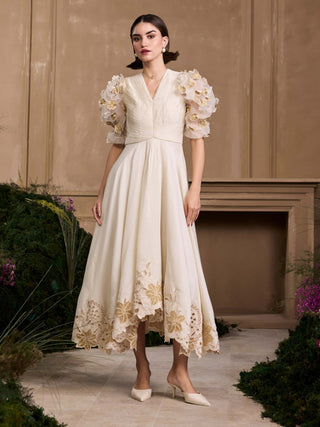 Ivory & gold pleated embroidered flounce dress