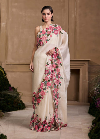 Ivory rose threadwork sari and unstitched blouse piece