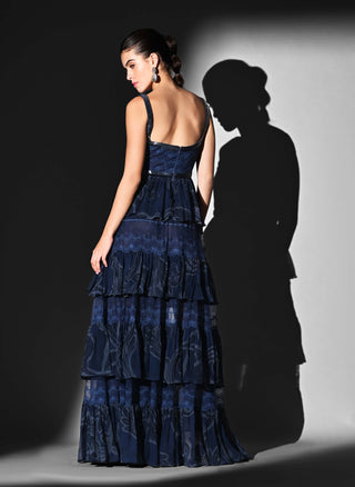 Indigo swirl print peplum top and tier skirt