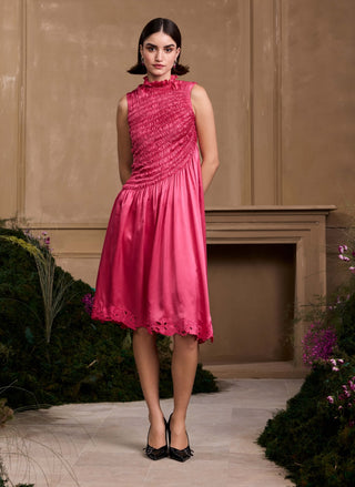 Fuchsia ruched cutwork dress and jacket