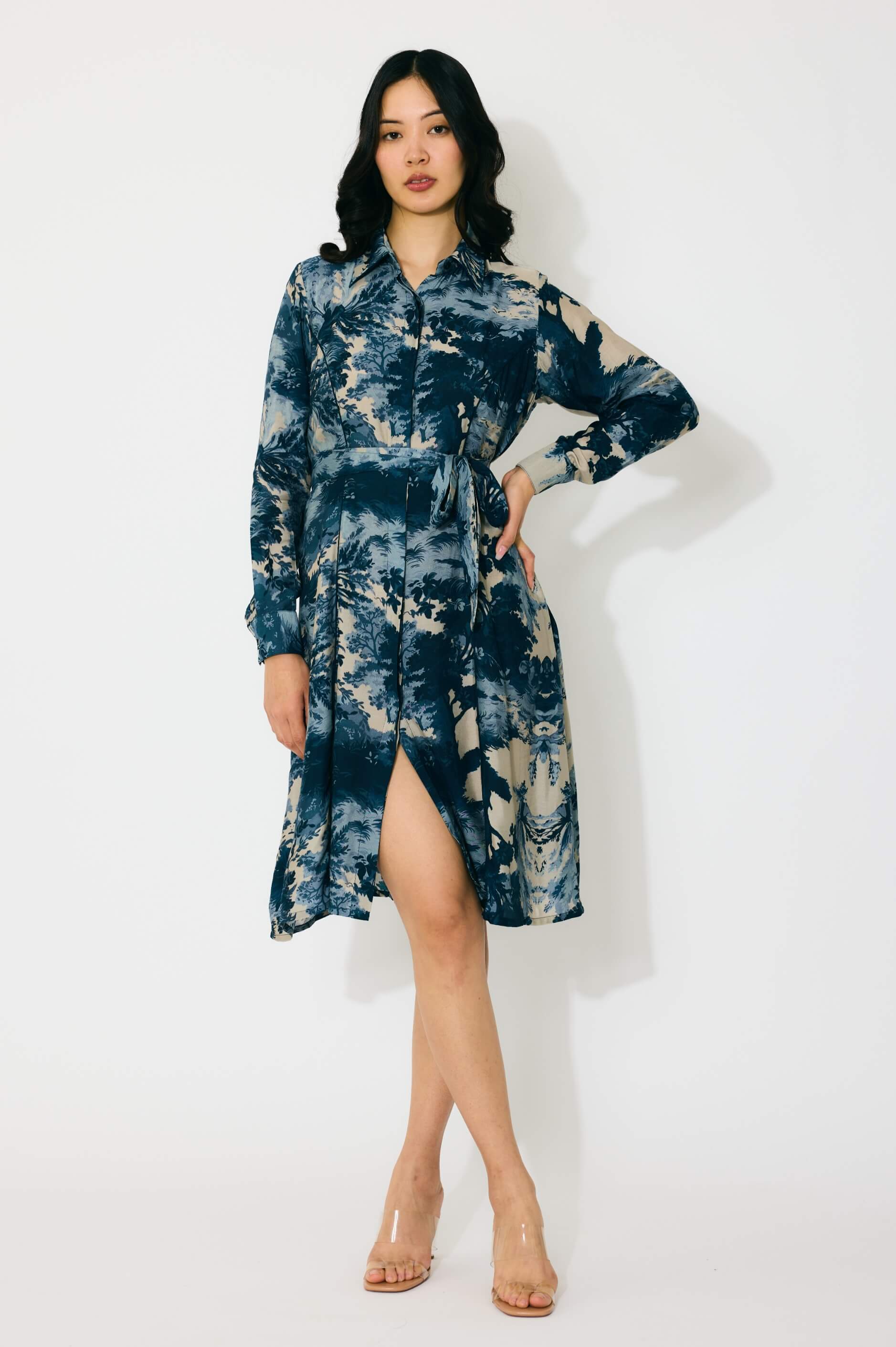 Blue, indigo and beige toile print shirt dress M Blue, indigo and beige toile print shirt dress M