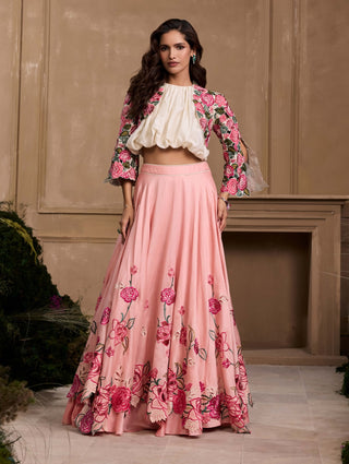 Ivory bubble hem top, jacket and lehenga